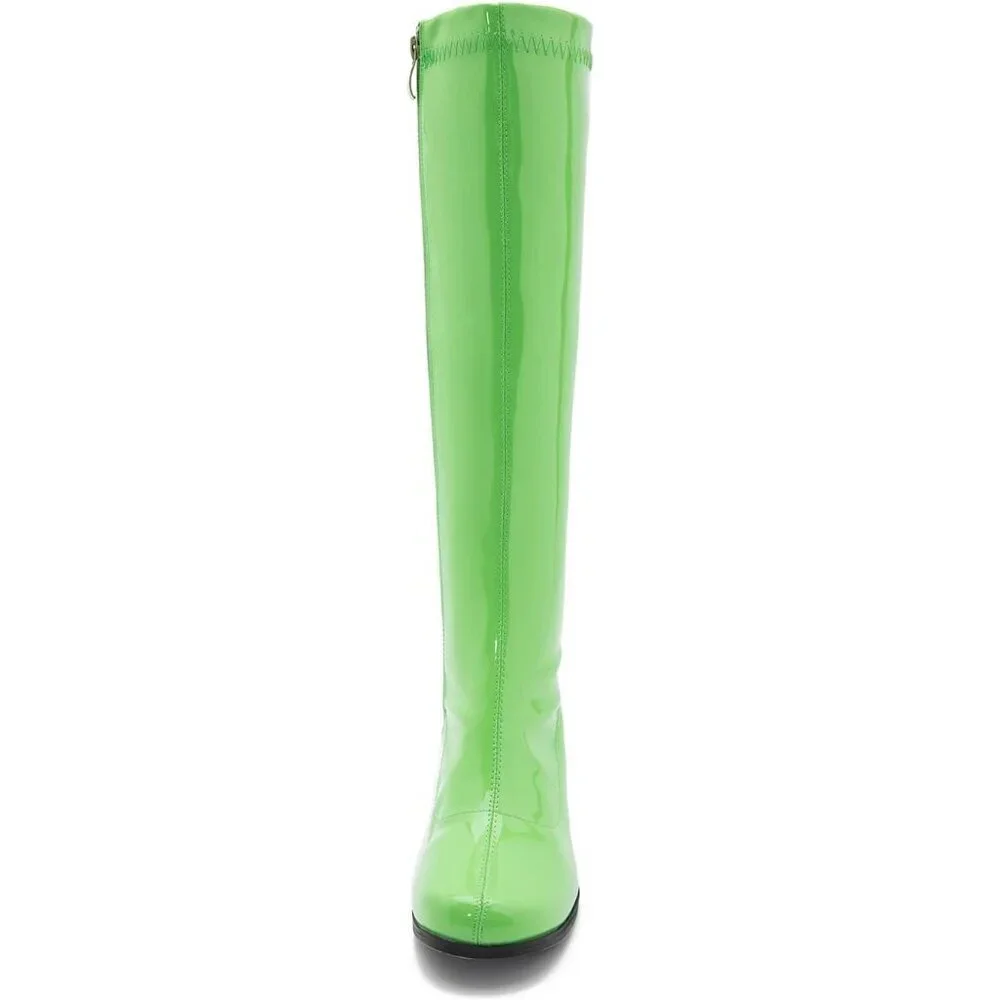 Women's Green Gogo Boots Knee High Block Heel Square Toe 60s 70s Disco Costume - Picture 3 of 7